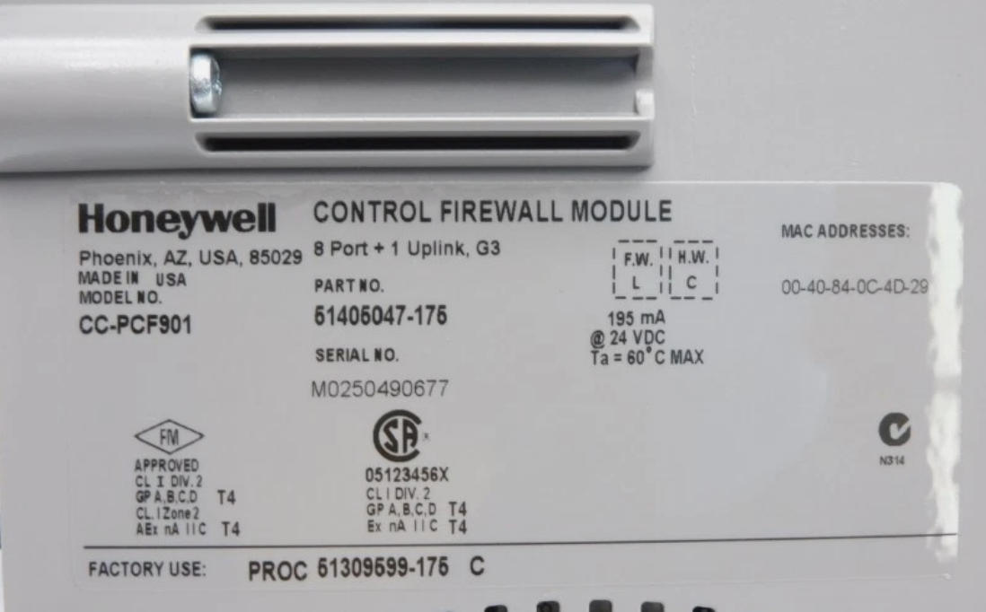 وحدة حائط الحماية التحكمية Honeywell CC-PCF901 مع إمدادات كهرباء متواصلة 24 فولت لحماية أمن الشبكة وتوزيع شبكة FTE
